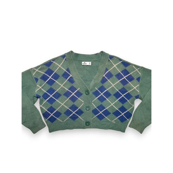 Y2k Hollister Argyle Knit Green/Blue Slight Crop Cardigan Sweater Size Medium - Picture 10 of 14
